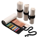 Beige canvas roll pencil case with slots and black tie closure for drawing tools - Impermanence (Beige)