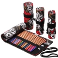 36-slot canvas pencil roll with vivid red rose and skull print for colored pencils - Rose Skull