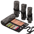 Canvas roll-up pencil wrap with black and white leaf print holding colorful pencils - Black Leaf