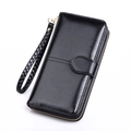 Long black faux leather wallet with woven wrist strap and stylish zipper closure - Black