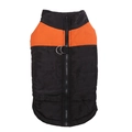 Detail view of winter dog vest featuring dual metal D-rings and back zipper closure - Orange