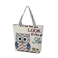 Cream canvas tote bag featuring colorful owl illustration and black-white striped handle - Look Owl
