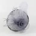Elegant grey fascinator hat with delicate mesh flower and soft feathers for wedding - Gray