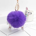 Detailed macro view of purple faux fur ball keychain with white alpaca charm and gold clasp - Purple