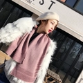 Chic pink rib-knit short scarf for women styled with a beige beret in a cozy outdoor setting - Pink