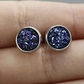 8mm silver stainless steel stud earring with iridescent purple blue stardust inlay - Magic Blue Purple (30)