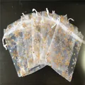 White organza gift bags with gold snowflake prints and drawstring for holiday favors - 7*9cm / White Snowflake Gold Stamping