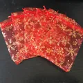 Red organza Christmas drawstring gift bags with metallic gold snowflake print - 7*9cm / Red Snowflake Gold Stamping