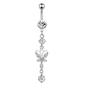 Detail view of silver belly ring with zircon butterfly pendant and hanging tassels - 1966 Butterfly Silver