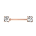 Detail of rose gold nipple barbell featuring four-prong set white zircon stones - Rose Gold Double End Rhinestone Style (1992 Rose Gold)