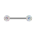 Macro view of silver barbell nipple ring featuring sparkling iridescent AB crystal balls - AB Color Ball Style (1996 AB Color)