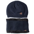 Men's dark blue winter knit hat and neck warmer set with leaf leather patch and plush lining - One Size Fleece Lined / Navy Blue Set