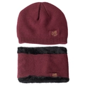 Men's burgundy knit beanie and neck warmer set with warm fleece lining and leaf patch - One Size Fleece Lined / Red Zirconia Set