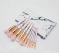 Detailed set of 10 marble-textured makeup brushes with matching portable zipper travel pouch - Pink With PU Bag