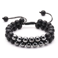 Pulsera trenzada de doble capa con piedras de lava negras mate y cuentas plateadas - Cuentas de Metal Plateado Negro Mate (Estilo 8)
