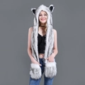 Three-in-one husky faux fur hooded scarf and gloves set in grey and white - White with Black Tip Fox Faux Fur