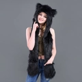 Black faux fur 3-in-1 animal hoodie scarf with integrated gloves and cute ears - Black Fox Faux Fur