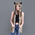 Leopard print faux fur hooded scarf with animal ears and integrated warm hand pockets - Small Leopard Print
