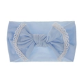 Detail of light blue soft nylon baby headband with white lace trim and bow knot - Blue