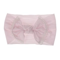 Detail view of a soft pink nylon baby headband featuring lace trim and a large bow design. - Light Pink