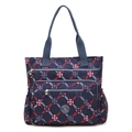 Large capacity navy blue floral nylon tote bag with multi-zipper pockets and web handles - Purple Kaleidoscope