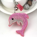 Pink dolphin rhinestone keychain with soft tassel and silver bell for bag decoration - Light Pink