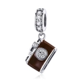 Retro S925 silver camera charm with brown enamel finish and sparkling CZ stones - 925 Silver+Enamel / Brown Camera-SCC953
