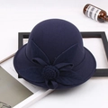 Navy blue wool felt fedora hat with large fabric flower detail for women's autumn winter - M / Four-leaf Rose / Navy Blue