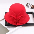 Red wool felt fedora with handmade floral decoration on a decorative background - M / Four-leaf Rose / Red