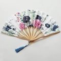 Japanese style folding fan with blue and pink floral patterns and bamboo ribs - NO6 Cyan Ink