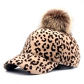 Detail of leopard print baseball cap with fluffy brown pom pom and fuzzy texture - Adjustable / Light Coffee Leopard