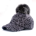 Grey leopard print baseball cap with a fluffy pom-pom detail on white background - Adjustable / Leopard Print Grey