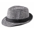 Klassischer britischer Fedora-Hut aus Wolle mit Hahnentrittmuster und schwarzem Band - M(56-58cm) / Hellgrau