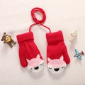 Close-up of red knitted toddler mittens with cute fox pattern and security neck string - About 3 years old / Red