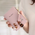 Pink PU leather short wallet featuring cute cartoon embroidery and decorative tassel zipper - Light Purple