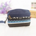 Ethnic style canvas coin purse in dark blue and black fabric with dual zippers - Blue Ethnic Style Coin Purse