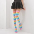 Rainbow striped over-knee high socks in vibrant pink and yellow cotton blend fabric - Pink Rainbow Striped