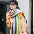 Sciarpa grigia spessa effetto cashmere con strisce arcobaleno e lunghe frange - 220x50cm / Grigio chiaro