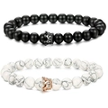 Detail of 8mm matte black and white turquoise bead bracelets with crown charms - Matte White Turquoise Crown Style / Set of 2
