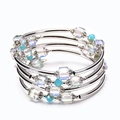Multi-layer silver metal coil bracelet with square white crystals and blue beads - Silver Iridescent Blue Style (WB0112)