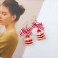 Detail of red strawberry cake earrings with plaid bows and metal hooks for women - Strawberry Cake Hook