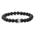 Matte black stone beaded bracelet featuring a silver crown charm with micro-zirconia - Frosted Stone Silver Crown