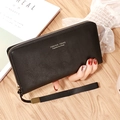 Portefeuille femme noir classique en cuir à fermeture éclair avec marquage doré et dragonne - Noir