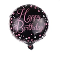 Detail of 18-inch black round foil balloon with pink Happy Birthday text and dots - 18 Inch J (Black Base Pink Text Dots)