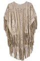 Detail of khaki faux suede shawl with intricate hollow cutouts and long fringe tassels - Rice Gray (1#) / Over 175cm