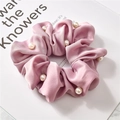 Pale pink satin scrunchie with white pearl accents and elegant gold-trimmed edges - Pearl Satin Light Purple