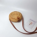Handmade round rattan crossbody bag with brown leather strap on white background - 18*7cm / Small Round Bag Leather Buckle