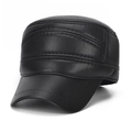 Mens winter faux leather flat top cap with ear protection in black textured finish - Adjustable / Black