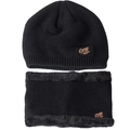 Men's winter black fleece-lined knit beanie and neck warmer set with leaf patch - One Size Fleece Lined / Black Zirconia Set