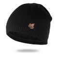 Detailed view of the thick fleece lining and knit texture of this men's maple leaf beanie - One Size Fleece Lined / Black